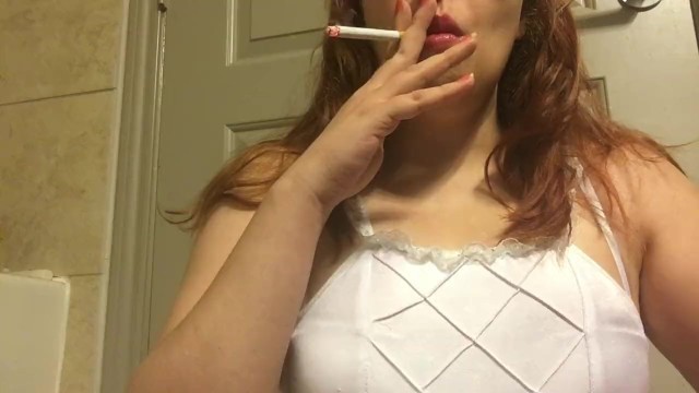 Sexy Chubby Redhead Teen Smoking Red Cork Tip Cigarette in White Nightie