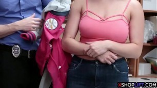 Chubby teen thief fucked by security in front of her mom