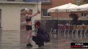 Lezdom redhead MILF shows teen bondservant outdoor in public